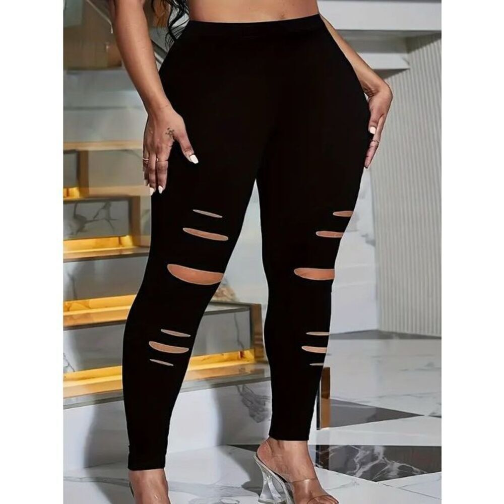 Plus Size Solid Color Ripped Skinny Leggings Stretchy Leggings Women’s 1XL